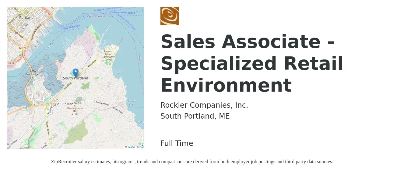 Rockler Companies, Inc. job posting for a Sales Associate - Specialized Retail Environment in South Portland, ME with a salary of $16 to $18 Hourly with a map of South Portland location.