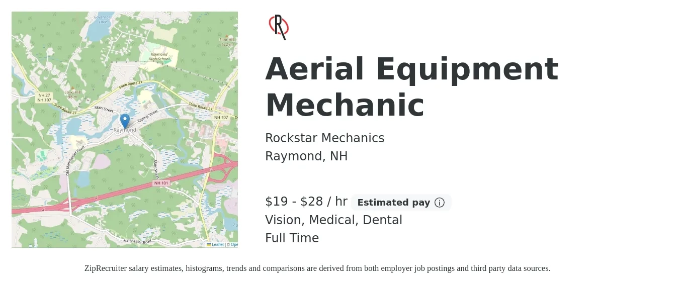 Rockstar Mechanics job posting for a Aerial Equipment Mechanic in Raymond, NH with a salary of $20 to $30 Hourly and benefits including dental, life_insurance, medical, retirement, and vision with a map of Raymond location.