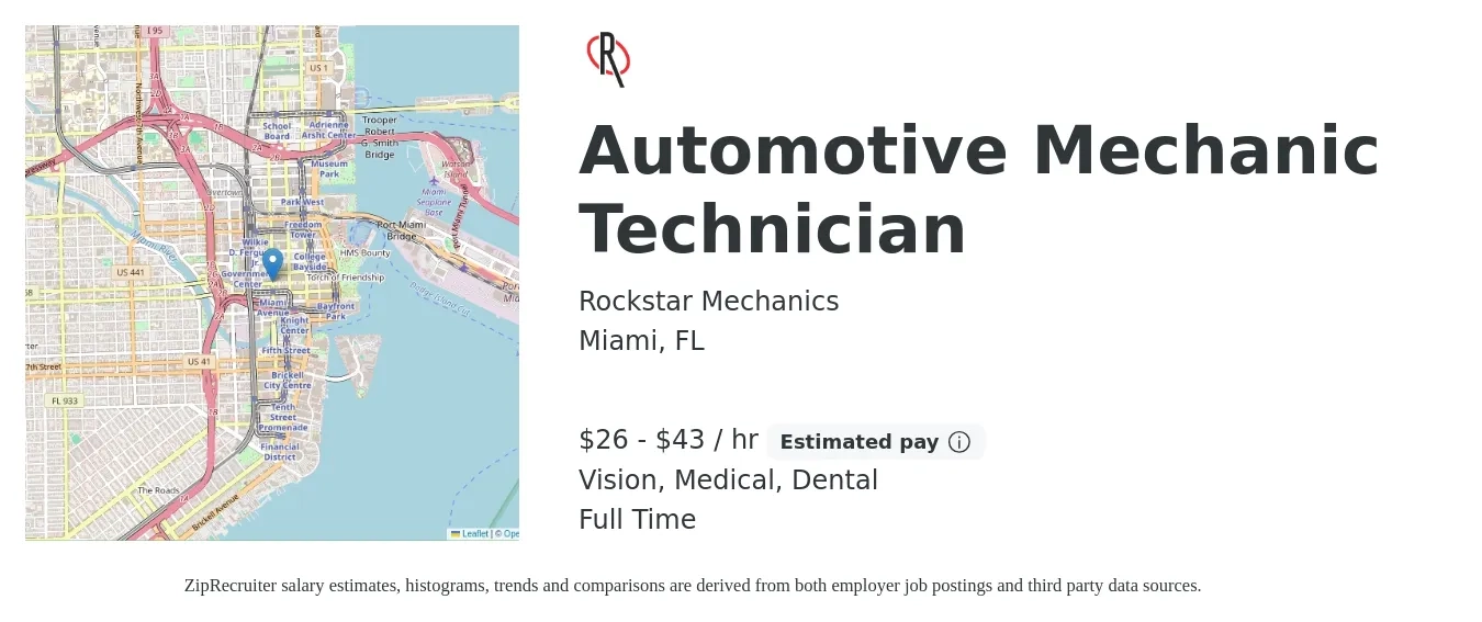 Rockstar Mechanics job posting for a Automotive Mechanic Technician in Miami, FL with a salary of $28 to $45 Hourly and benefits including medical, pto, retirement, vision, dental, and life_insurance with a map of Miami location.