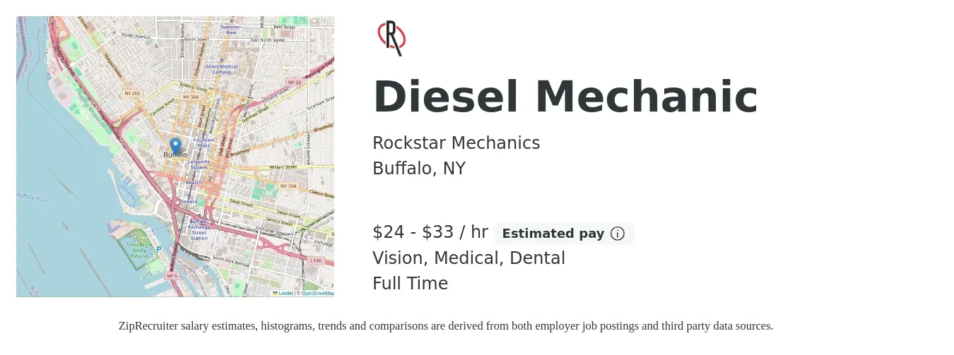 Rockstar Mechanics job posting for a Diesel Mechanic in Buffalo, NY with a salary of $25 to $35 Hourly and benefits including dental, life_insurance, medical, pto, retirement, and vision with a map of Buffalo location.