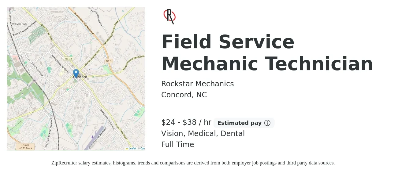 Rockstar Mechanics job posting for a Field Service Mechanic Technician in Concord, NC with a salary of $25 to $40 Hourly and benefits including vision, dental, medical, pto, and retirement with a map of Concord location.