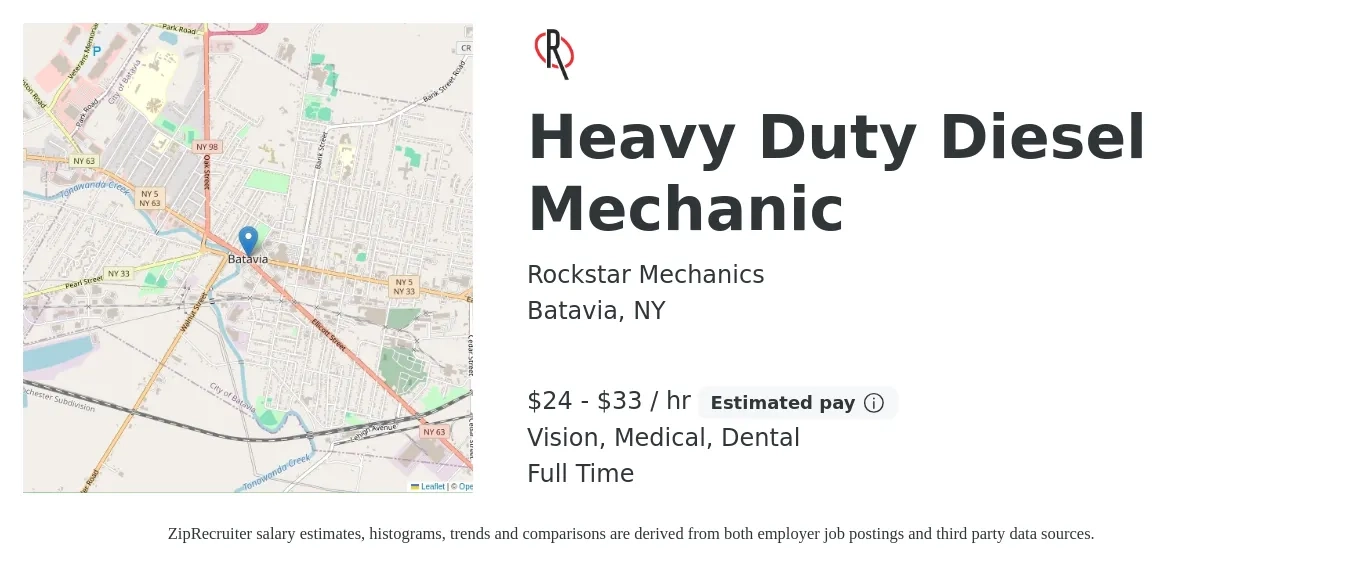 Rockstar Mechanics job posting for a Heavy Duty Diesel Mechanic in Batavia, NY with a salary of $25 to $35 Hourly and benefits including medical, pto, retirement, vision, dental, and life_insurance with a map of Batavia location.