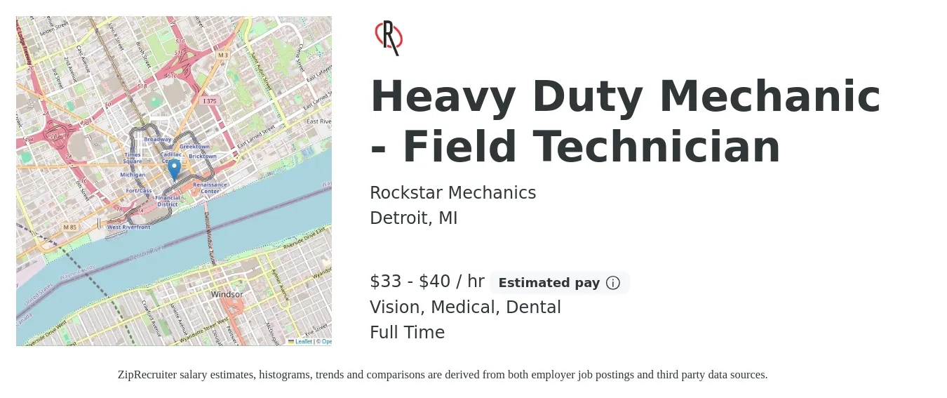 Rockstar Mechanics job posting for a Heavy Duty Mechanic - Field Technician in Detroit, MI with a salary of $35 to $42 Hourly and benefits including dental, life_insurance, medical, retirement, and vision with a map of Detroit location.
