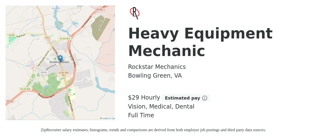 Rockstar Mechanics job posting for a Heavy Equipment Mechanic in Bowling Green, VA with a salary of $27 Hourly and benefits including retirement, vision, dental, life_insurance, medical, and pto with a map of Bowling Green location.