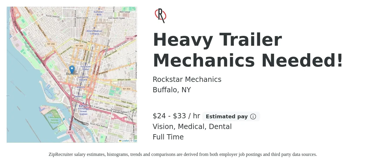 Rockstar Mechanics job posting for a Heavy Trailer Mechanics Needed! in Buffalo, NY with a salary of $25 to $35 Hourly and benefits including vision, dental, life_insurance, medical, pto, and retirement with a map of Buffalo location.