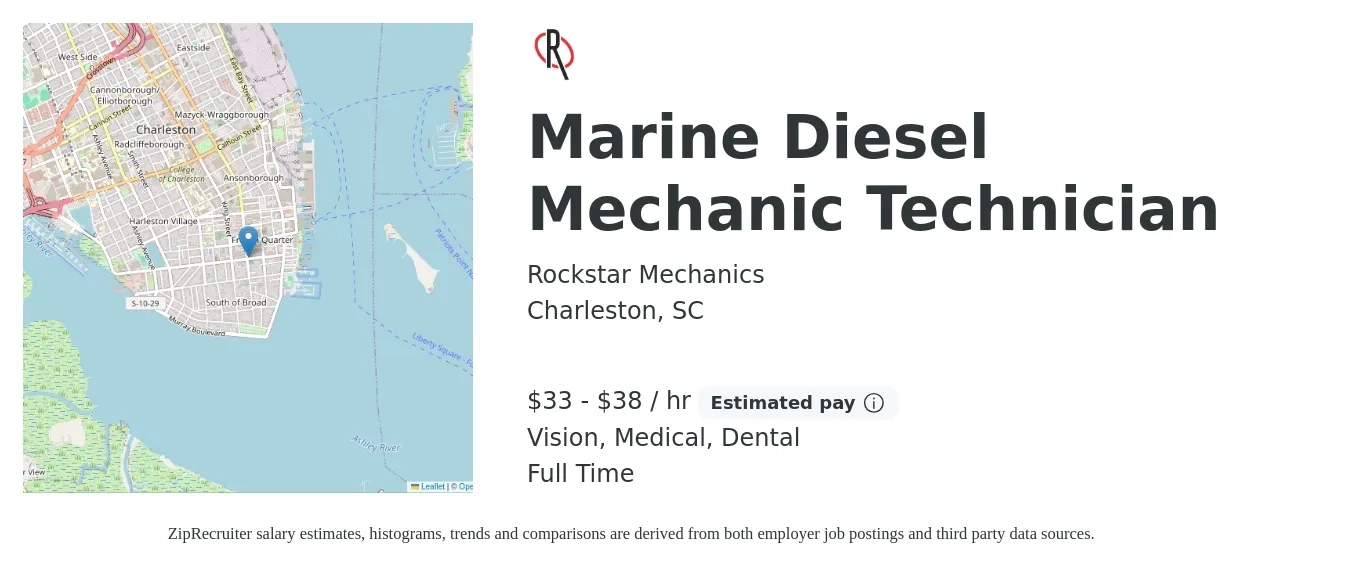 Rockstar Mechanics job posting for a Marine Diesel Mechanic Technician in Charleston, SC with a salary of $35 to $40 Hourly and benefits including dental, life_insurance, medical, retirement, and vision with a map of Charleston location.