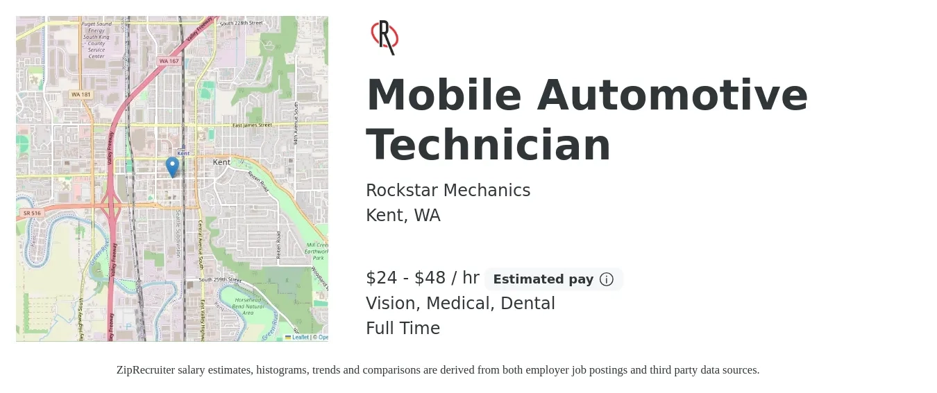 Rockstar Mechanics job posting for a Mobile Automotive Technician in Kent, WA with a salary of $25 to $50 Hourly and benefits including pto, retirement, vision, dental, life_insurance, and medical with a map of Kent location.