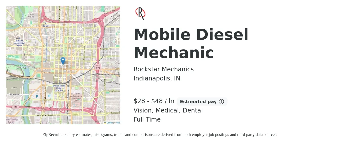 Rockstar Mechanics job posting for a Mobile Diesel Mechanic in Indianapolis, IN with a salary of $30 to $50 Hourly and benefits including dental, life_insurance, medical, pto, retirement, and vision with a map of Indianapolis location.