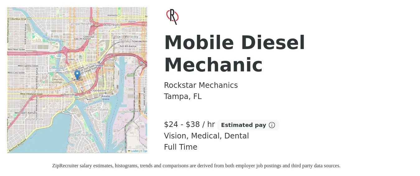 Rockstar Mechanics job posting for a Mobile Diesel Mechanic in Tampa, FL with a salary of $25 to $40 Hourly and benefits including dental, life_insurance, medical, pto, retirement, and vision with a map of Tampa location.