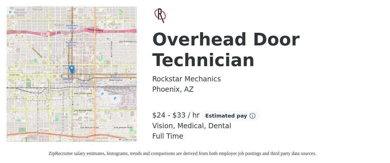 Rockstar Mechanics job posting for a Overhead Door Technician in Phoenix, AZ with a salary of $25 to $35 Hourly and benefits including dental, life_insurance, medical, pto, retirement, and vision with a map of Phoenix location.