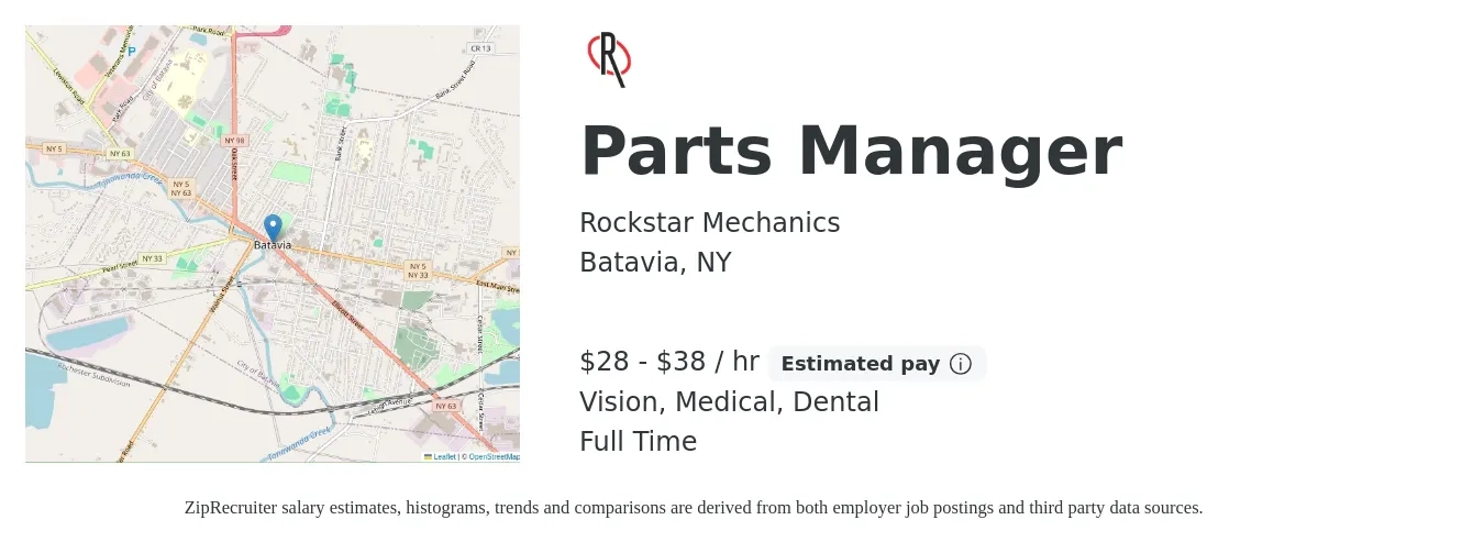 Rockstar Mechanics job posting for a Parts Manager in Batavia, NY with a salary of $30 to $40 Hourly and benefits including medical, retirement, vision, dental, and life_insurance with a map of Batavia location.