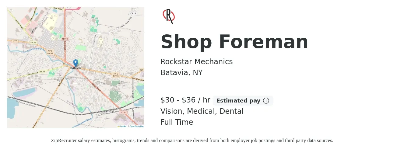 Rockstar Mechanics job posting for a Shop Foreman in Batavia, NY with a salary of $32 to $38 Hourly and benefits including retirement, vision, dental, life_insurance, medical, and pto with a map of Batavia location.