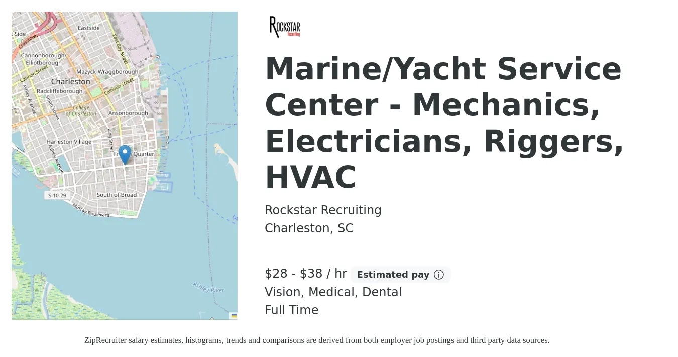 Rockstar Recruiting job posting for a Marine/Yacht Service Center - Mechanics, Electricians, Riggers, HVAC in Charleston, SC with a salary of $30 to $40 Hourly and benefits including medical, pto, retirement, vision, dental, and life_insurance with a map of Charleston location.