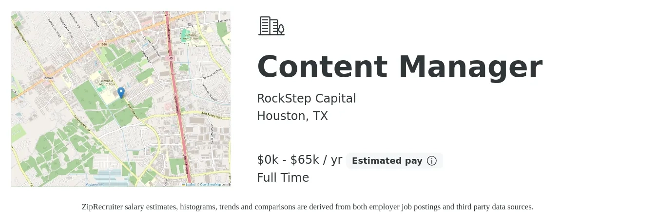RockStep Capital job posting for a Content Manager in Houston, TX with a salary of $50 to $65,000 Yearly with a map of Houston location.