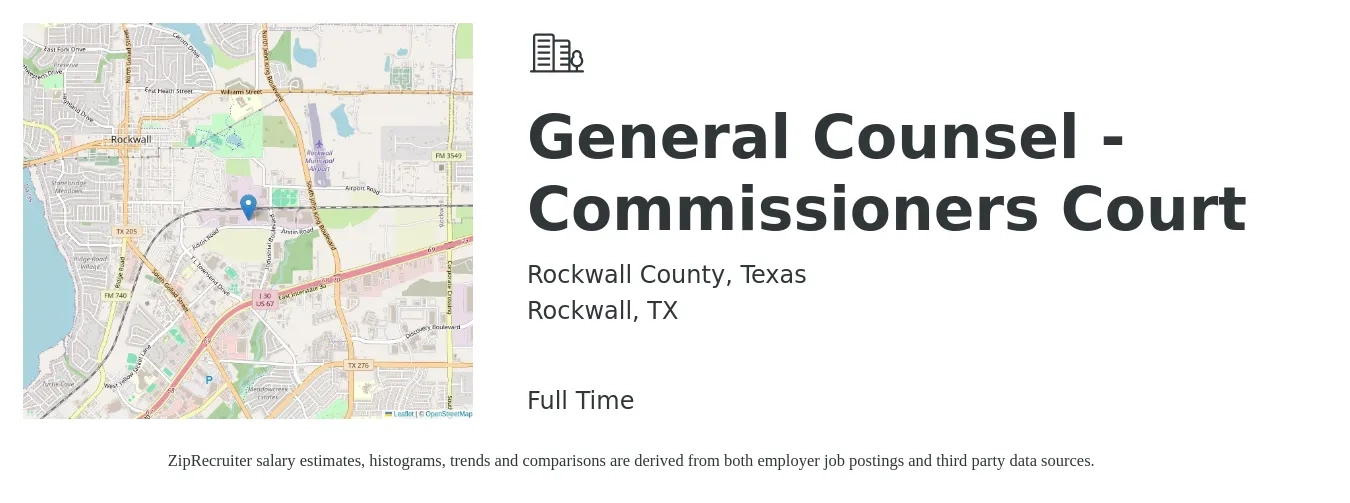 Rockwall County, Texas job posting for a General Counsel - Commissioners Court in Rockwall, TX with a salary of $89,700 to $162,600 Yearly with a map of Rockwall location.