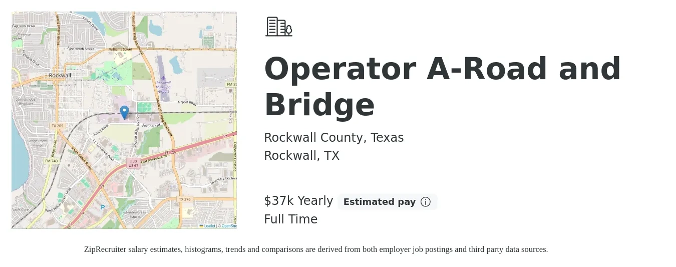 Rockwall County, Texas job posting for a Operator A-Road and Bridge in Rockwall, TX with a salary of $37,600 Yearly with a map of Rockwall location.