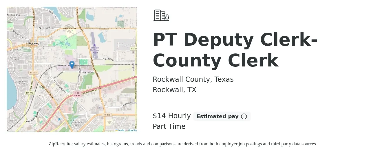 Rockwall County, Texas job posting for a PT Deputy Clerk-County Clerk in Rockwall, TX with a salary of $15 Hourly with a map of Rockwall location.
