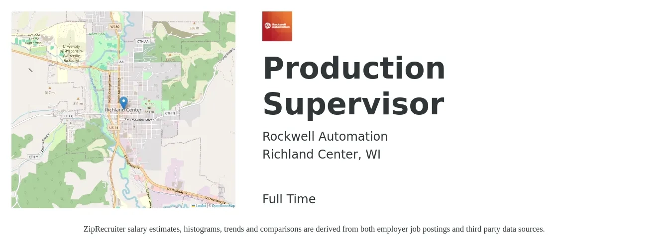 Rockwell Automation job posting for a Production Supervisor in Richland Center, WI with a salary of $38 to $41 Hourly with a map of Richland Center location.