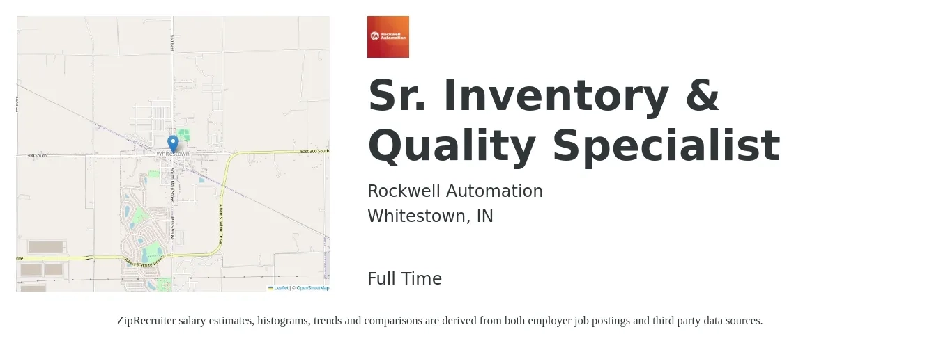Rockwell Automation job posting for a Sr. Inventory & Quality Specialist in Whitestown, IN with a salary of $18 to $23 Hourly with a map of Whitestown location.