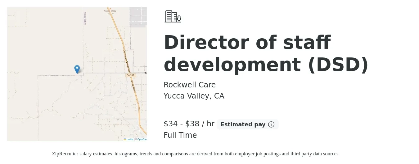 Rockwell Care job posting for a Director of staff development (DSD) in Yucca Valley, CA with a salary of $36 to $40 Hourly with a map of Yucca Valley location.