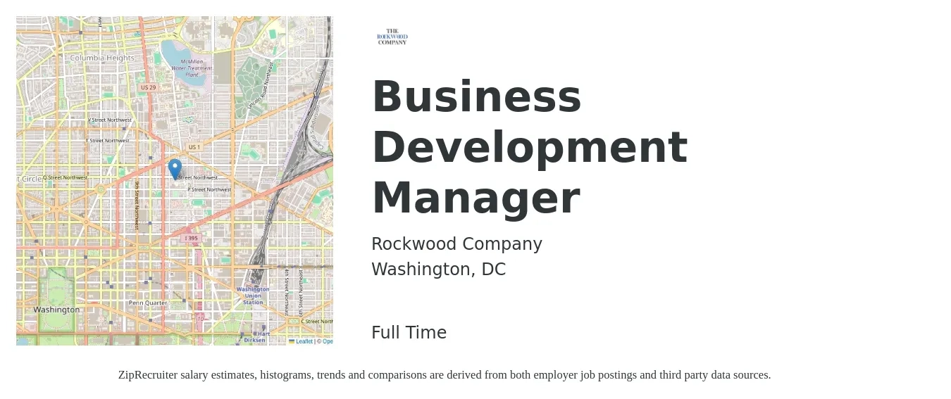 Rockwood Company job posting for a Business Development Manager in Washington, DC with a salary of $69,100 to $113,200 Yearly with a map of Washington location.