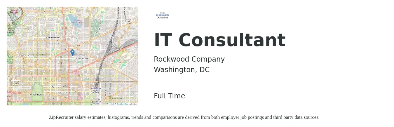 Rockwood Company job posting for a IT Consultant in Washington, DC with a salary of $64,500 to $116,100 Yearly with a map of Washington location.