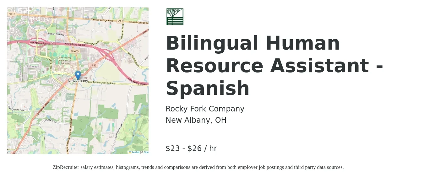 Rocky Fork Company, Inc. job posting for a Bilingual Human Resource Assistant - Spanish in New Albany, OH with a salary of $24 to $28 Hourly with a map of New Albany location.