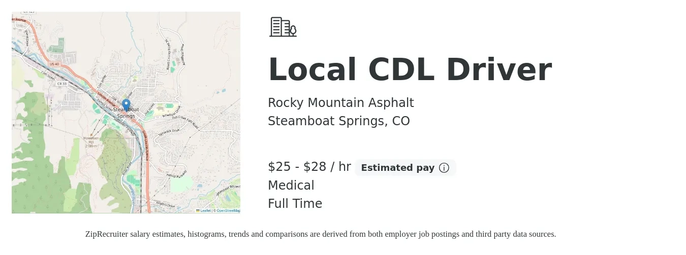 Rocky Mountain Asphalt job posting for a Local CDL Driver in Steamboat Springs, CO with a salary of $27 to $30 Hourly and benefits including medical, pto, and retirement with a map of Steamboat Springs location.