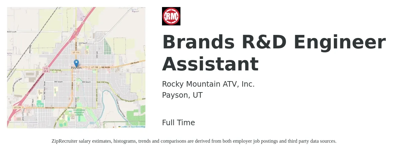 Rocky Mountain ATV, Inc. job posting for a Brands R&D Engineer Assistant in Payson, UT with a salary of $63,900 to $94,700 Yearly with a map of Payson location.