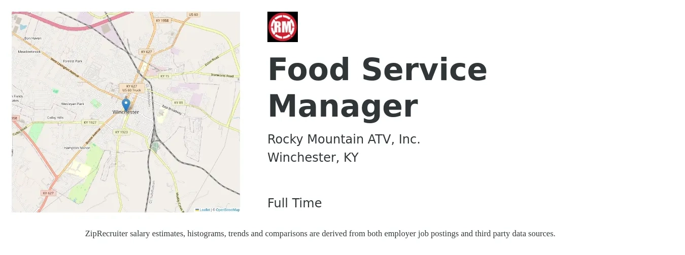 Rocky Mountain ATV, Inc. job posting for a Food Service Manager in Winchester, KY with a salary of $16 to $25 Hourly with a map of Winchester location.