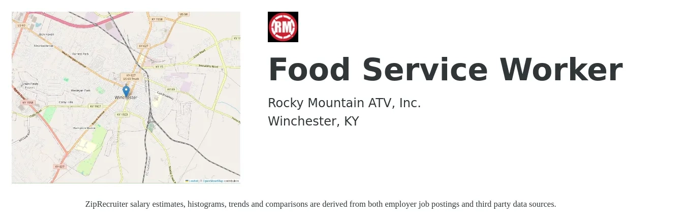 Rocky Mountain ATV, Inc. job posting for a Food Service Worker in Winchester, KY with a salary of $13 to $16 Hourly with a map of Winchester location.