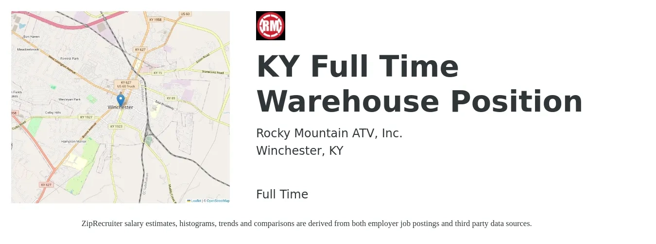 Rocky Mountain ATV, Inc. job posting for a KY Full Time Warehouse Position in Winchester, KY with a salary of $14 to $17 Hourly with a map of Winchester location.