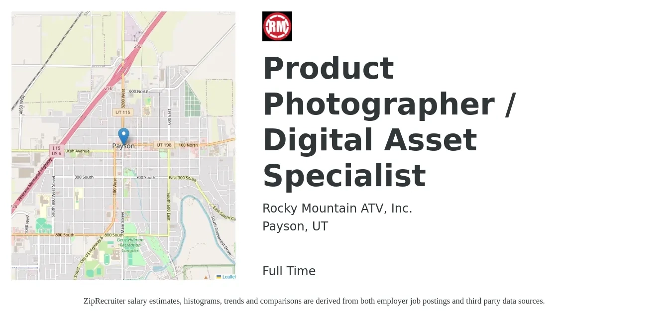 Rocky Mountain ATV, Inc. job posting for a Product Photographer / Digital Asset Specialist in Payson, UT with a salary of $105,100 to $105,500 Yearly with a map of Payson location.