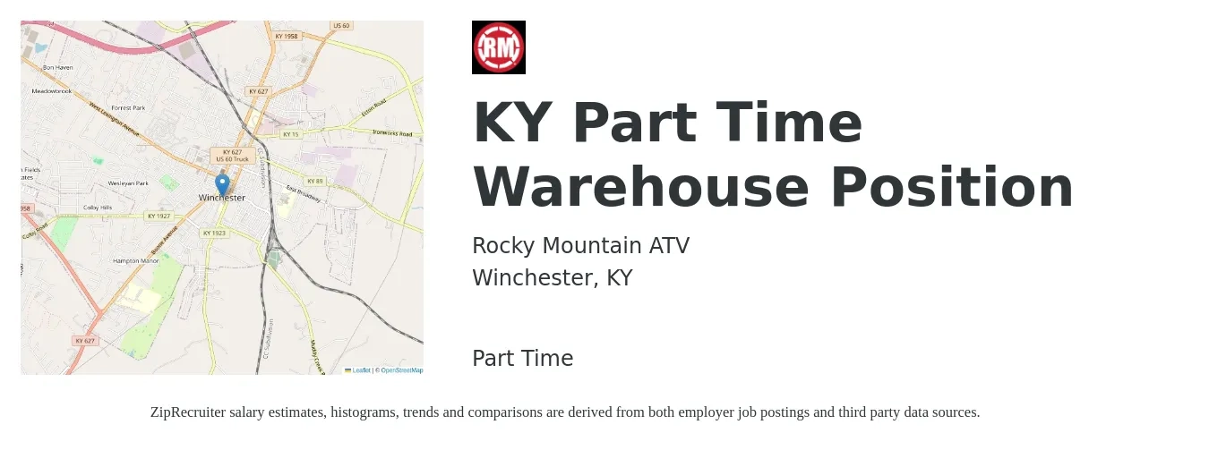 Rocky Mountain ATV, Inc. job posting for a KY Part Time Warehouse Position in Winchester, KY with a salary of $14 to $17 Hourly with a map of Winchester location.
