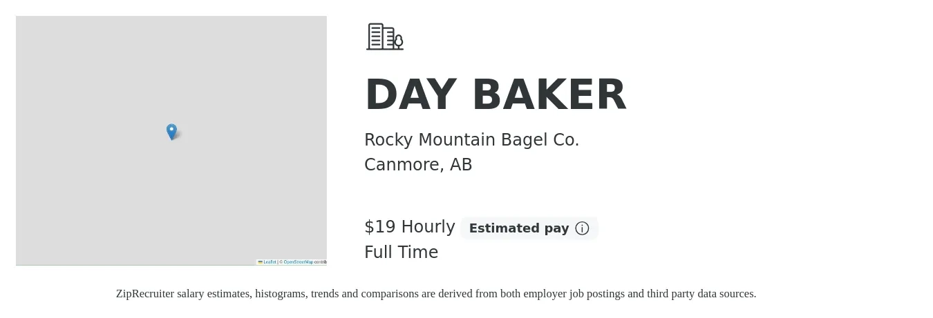 Rocky Mountain Bagel Co. job posting for a DAY BAKER in Canmore, AB with a salary of $20 Hourly with a map of Canmore location.