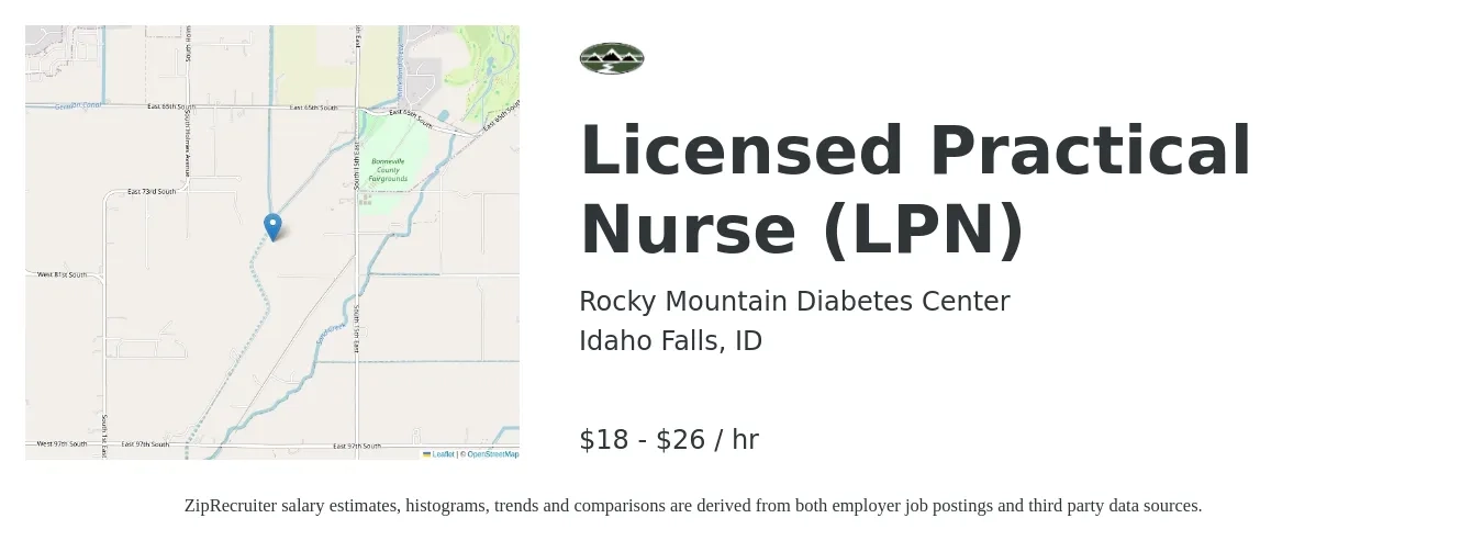 Rocky Mountain Diabetes Center job posting for a Licensed Practical Nurse (LPN) in Idaho Falls, ID with a salary of $19 to $28 Hourly with a map of Idaho Falls location.