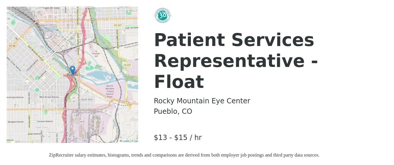 Rocky Mountain Eye Center job posting for a Patient Services Representative - Float in Pueblo, CO with a salary of $14 to $16 Hourly with a map of Pueblo location.