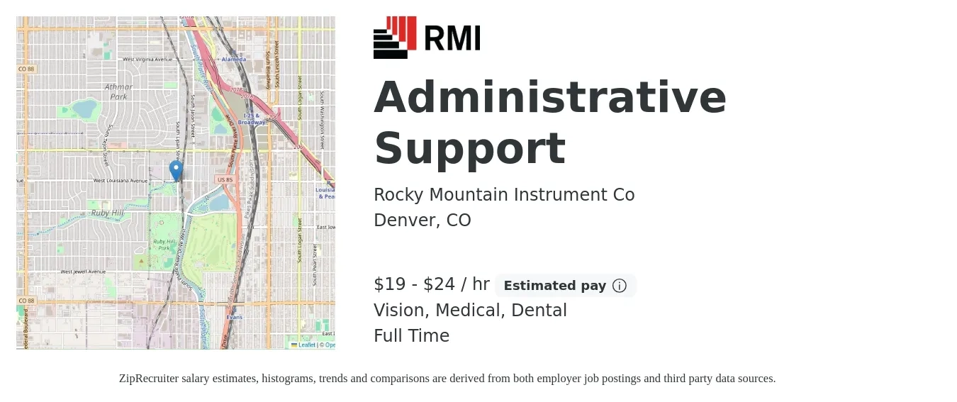 Rocky Mountain Instrument Co job posting for a Administrative Support in Denver, CO with a salary of $20 to $25 Hourly and benefits including dental, life_insurance, medical, pto, retirement, and vision with a map of Denver location.