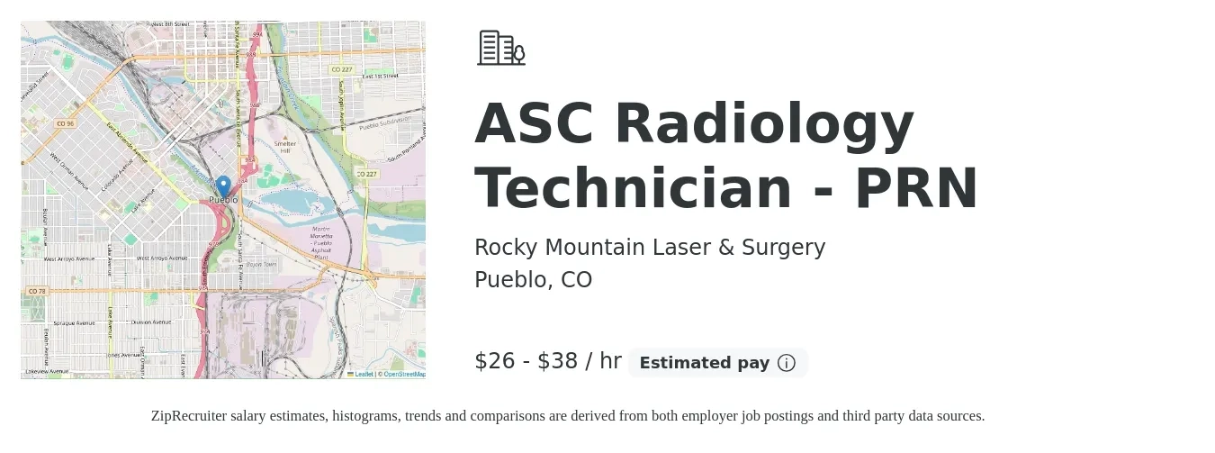 Rocky Mountain Laser & Surgery job posting for a ASC Radiology Technician - PRN in Pueblo, CO with a salary of $28 to $40 Hourly with a map of Pueblo location.