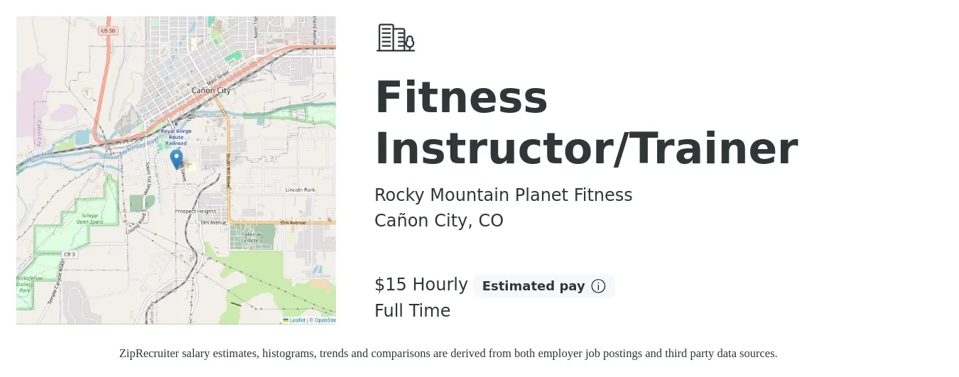Rocky Mountain Planet Fitness job posting for a Fitness Instructor/Trainer in Cañon City, CO with a salary of $16 Hourly with a map of Cañon City location.