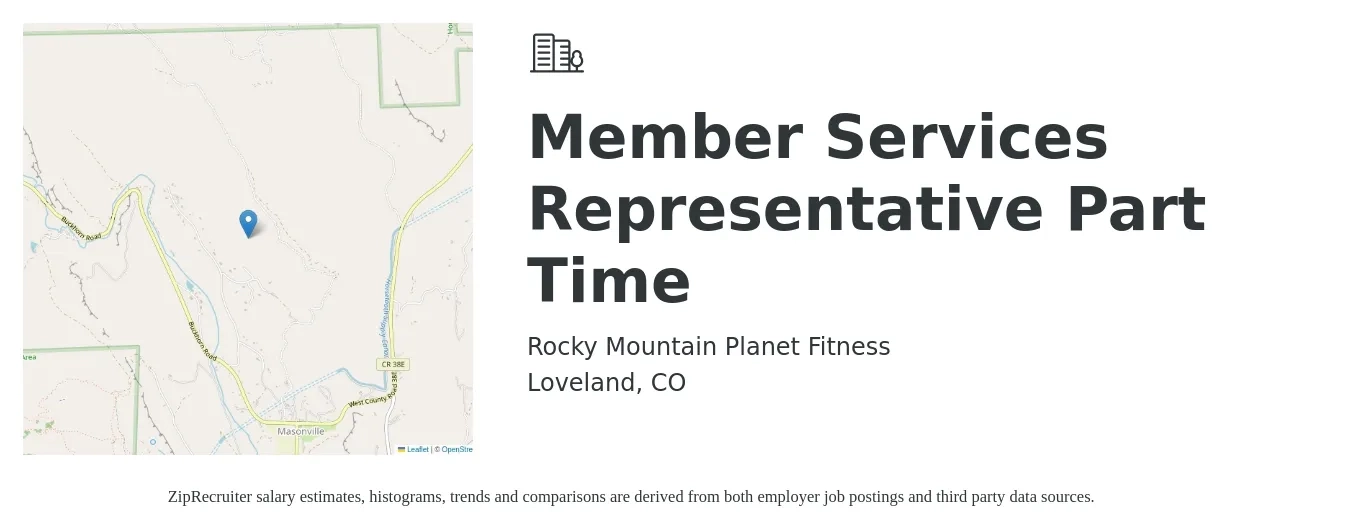 Rocky Mountain Planet Fitness job posting for a Member Services Representative Part Time in Loveland, CO with a salary of $12 to $19 Hourly with a map of Loveland location.