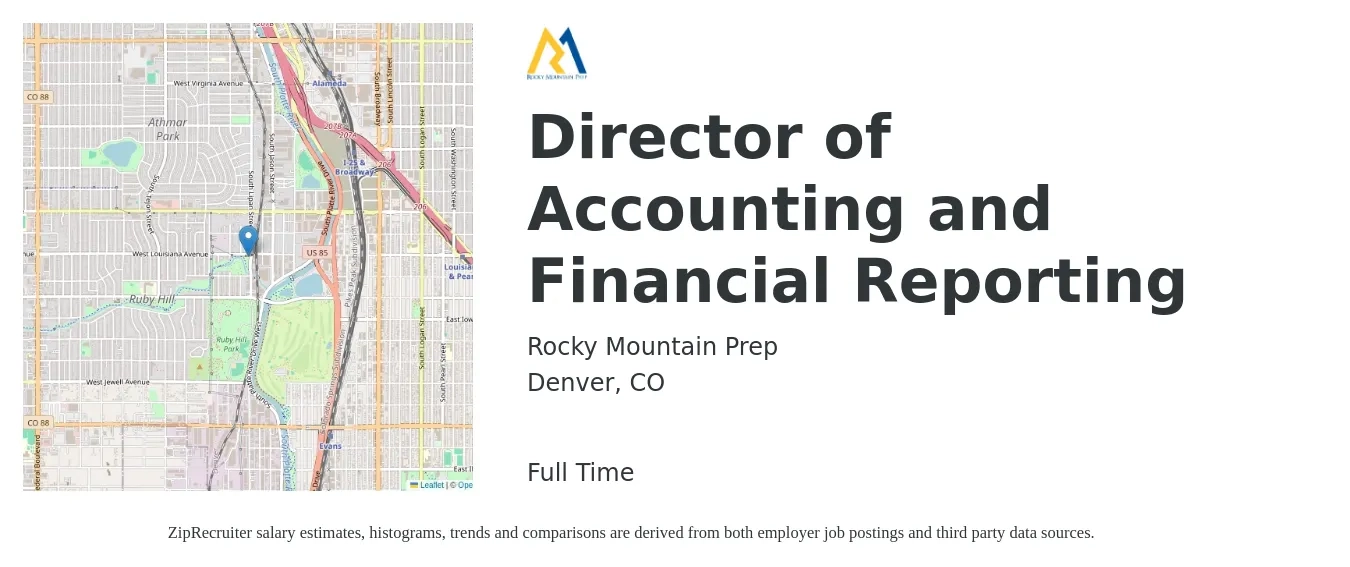 Rocky Mountain Prep job posting for a Director of Accounting and Financial Reporting in Denver, CO with a salary of $103,100 to $194,300 Yearly with a map of Denver location.