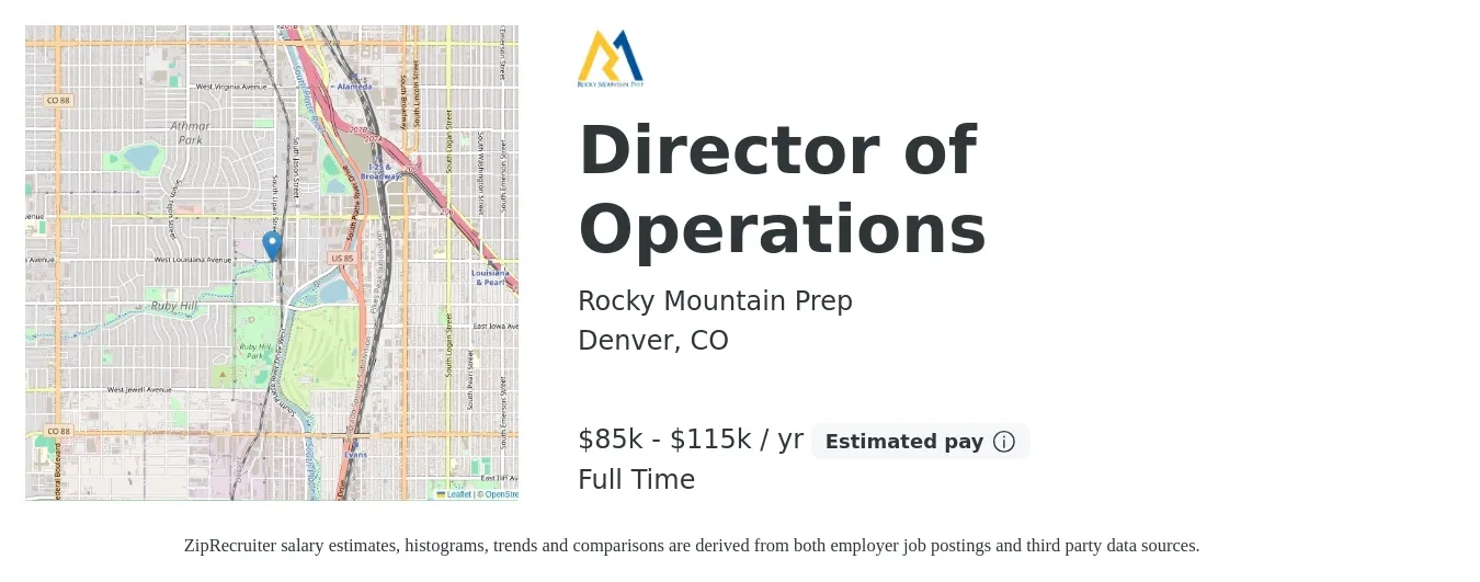 Rocky Mountain Prep job posting for a Director of Operations in Denver, CO with a salary of $85,000 to $115,000 Yearly with a map of Denver location.