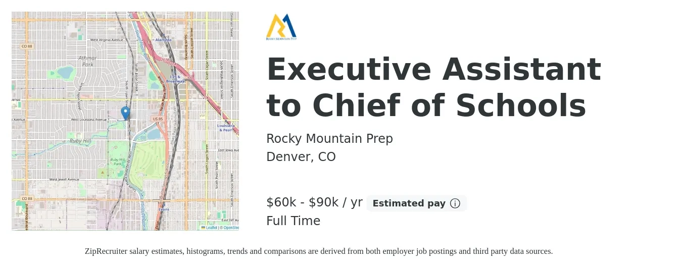 Rocky Mountain Prep job posting for a Executive Assistant to Chief of Schools in Denver, CO with a salary of $60,000 to $90,000 Yearly with a map of Denver location.