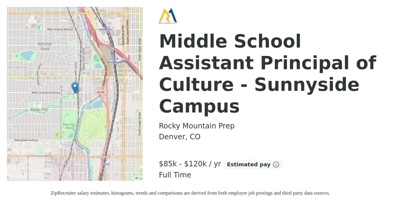 Rocky Mountain Prep job posting for a Middle School Assistant Principal of Culture - Sunnyside Campus in Denver, CO with a salary of $85,000 to $120,000 Yearly with a map of Denver location.