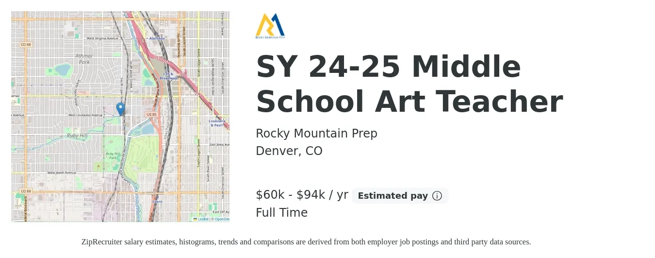 Rocky Mountain Prep job posting for a SY 24-25 Middle School Art Teacher in Denver, CO with a salary of $60,000 to $94,800 Yearly with a map of Denver location.