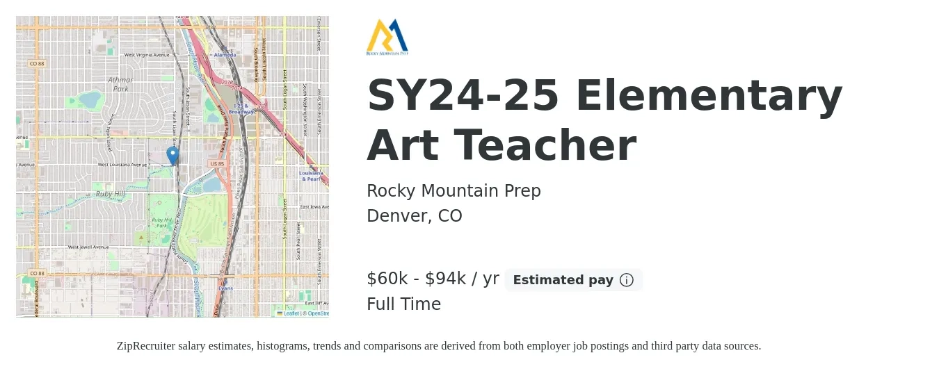 Rocky Mountain Prep job posting for a SY24-25 Elementary Art Teacher in Denver, CO with a salary of $60,000 to $94,800 Yearly with a map of Denver location.