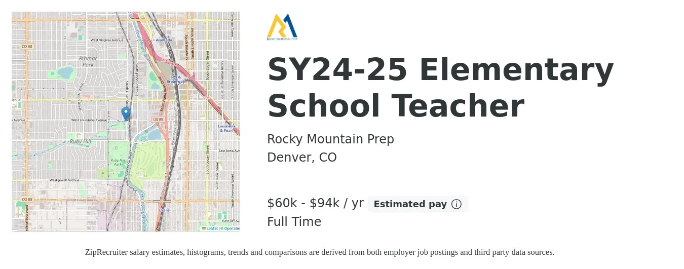 Rocky Mountain Prep job posting for a SY24-25 Elementary School Teacher in Denver, CO with a salary of $60,000 to $94,800 Yearly with a map of Denver location.