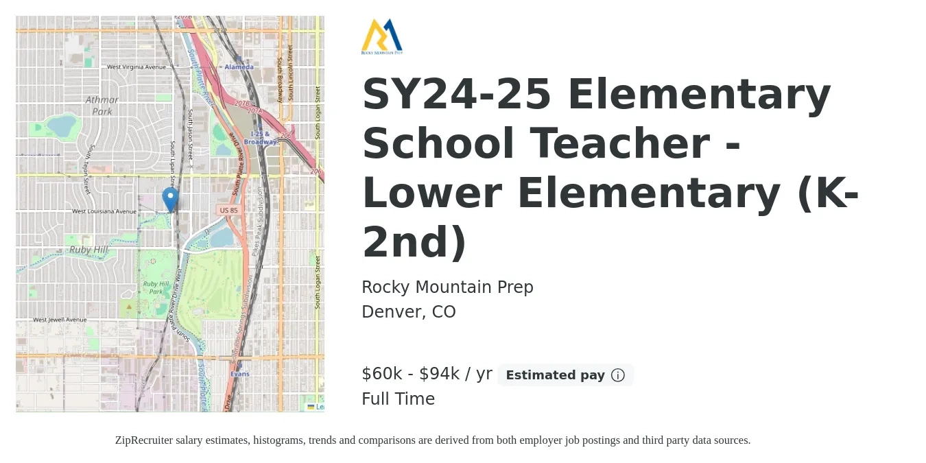 Rocky Mountain Prep job posting for a SY24-25 Elementary School Teacher - Lower Elementary (K-2nd) in Denver, CO with a salary of $60,000 to $94,800 Yearly with a map of Denver location.