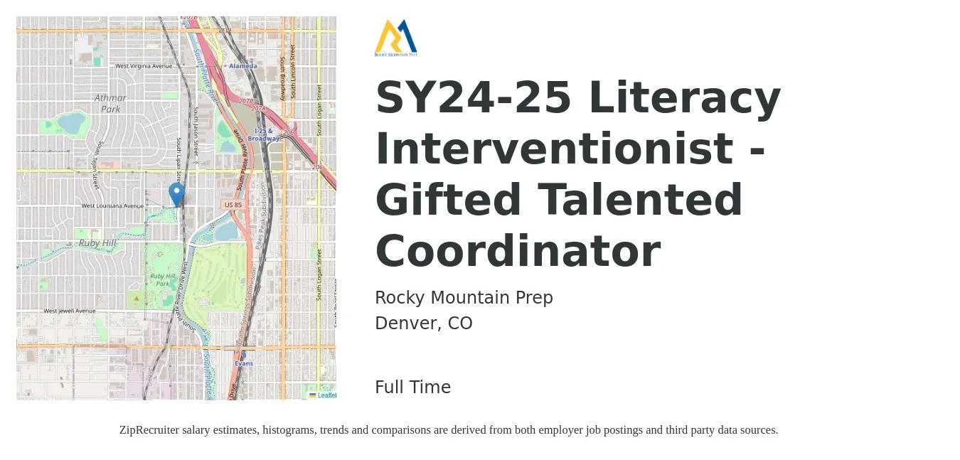 Rocky Mountain Prep job posting for a SY24-25 Literacy Interventionist - Gifted Talented Coordinator in Denver, CO with a salary of $20 to $27 Hourly with a map of Denver location.